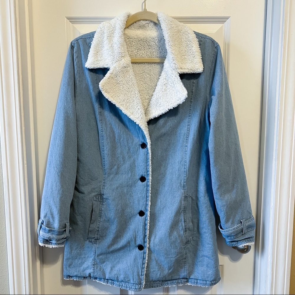 Boutique blue denim faux fur lined coat